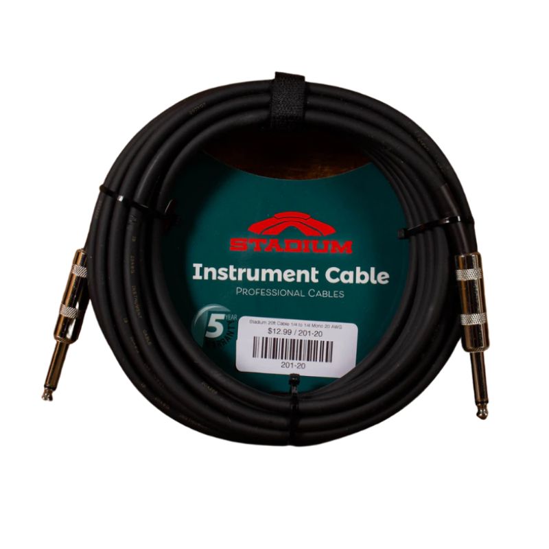 20-Foot Professional Instrument Stadium 20ft Cable 1/4 to 1/4 Mono 20AWG.